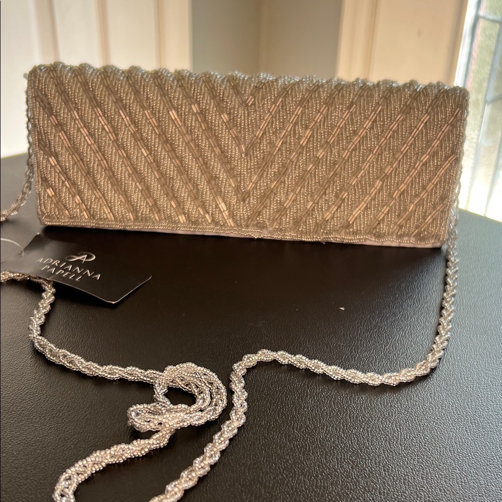 Adrianna Papell Silver Beaded Chevron Clutch with Chain